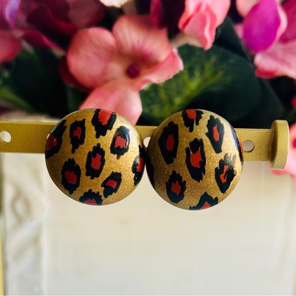 Vintage 1990s Button Stud Earrings Leopard Print Round Bronze Tan Black Design - Picture 3 of 10